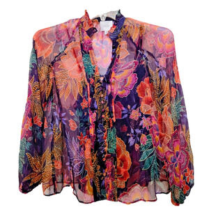 Johnny Was Jade Octavia Silk Peasant Floral Blouse Size XS Boho